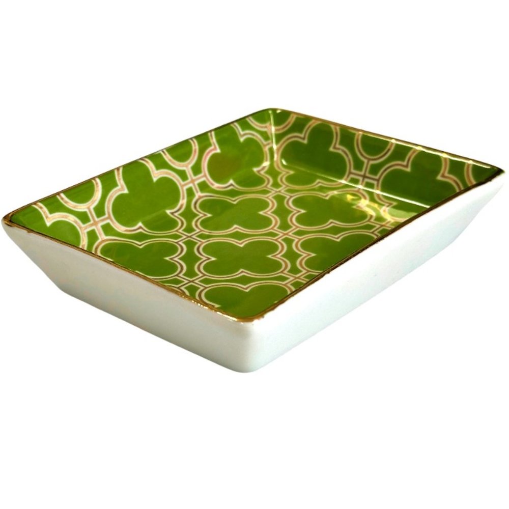 I Godinger & Co Clover Flower Trinket Dish Vanity Tray Bowl Green Gold Geometric